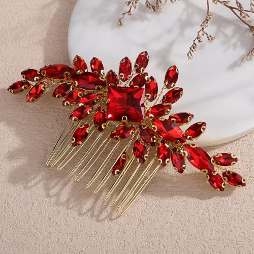 Square Rhinestone Hair Comb Silver Gold Rhinestone Wedding Headpiece Handmade Crystal Bridal Hair Comb Bridal Hairpiece for Brides Bridesmaid (red) - color: red