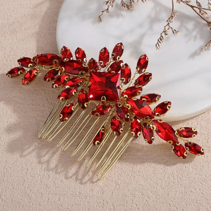 Square Rhinestone Hair Comb Silver Gold Rhinestone Wedding Headpiece Handmade Crystal Bridal Hair Comb Bridal Hairpiece for Brides Bridesmaid (red) - color: red
