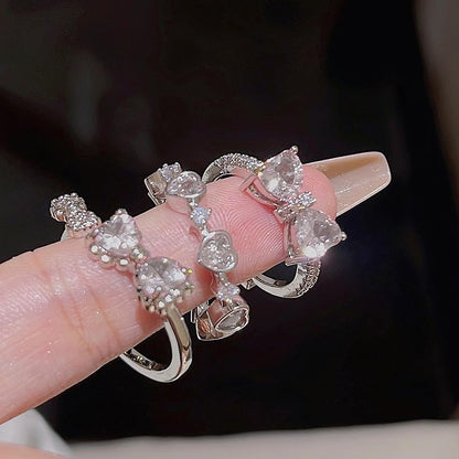 Pink Cubic Zirconia Cute Bowknot Finger Rings 925 Sterling Silver 14K Gold Plated Adjustable Rhinestone Butterfly Bowkont Open Rings Wedding Jewelry for Women（White） - color: white