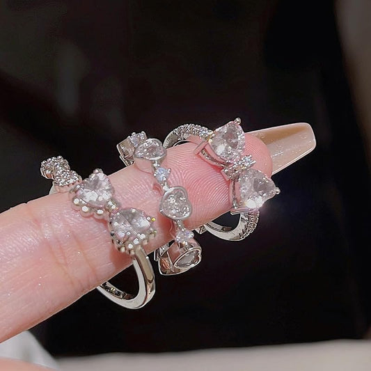 Pink Cubic Zirconia Cute Bowknot Finger Rings 925 Sterling Silver 14K Gold Plated Adjustable Rhinestone Butterfly Bowkont Open Rings Wedding Jewelry for Women（White） - color: white
