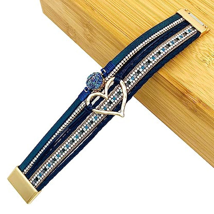 Womens Love Heart Leather Wrap Bracelet Multi-layer Stacked Bangle | Magnetic Clasp Soft PU Leather Resin Stone Rhinestone Boho Style Birthday Valentine Christmas Bohemian Jewelry Gift - color: Navy Blue