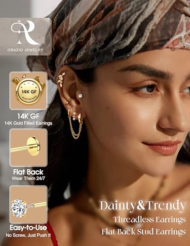 ORAZIO 16G/18G/20G Threadless Flat Back Earrings Push in Nose Rings Studs | 316L Surgical Steel Cartilage Earring Stacks Flatback Hypoallergenic Tragus Helix Conch Labret Medusa Piercing Jewelry - color: Style2-Gold, size: 16G=1.2mm