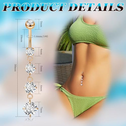14G G23 Pure Titanium Dangle Belly Button Rings for Women Dangling Belly Ring Curved Barbell Internally Threaded Navel Rings CZ Navel Piercing Jewelry - color: Rose Gold