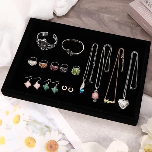 13.8" x 9.5" Velvet Jewelry Tray Jewelry Display Tray Stackable Empty Plate | Jewelry Organizer Trays for Earrings Necklaces Bracelet Rings Display Showcase - Black - color: Black, size: Flat Tray 13.8"x9.5"