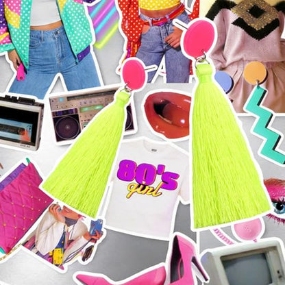 80s 90s Neon Tassel Dangle Earrings, Long Colorful Fringe Drop Earrings for Women, Retro Costume Jewelry for Party & Festival