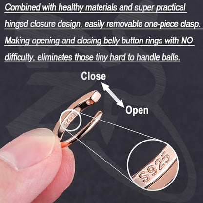 ZS 14G Clicker Belly Button Rings for Women, 925 Sterling Silver Belly Barbell Piercing Gold Reverse Curved Navel Barbell Body Jewelry - color: Rose-gold,Inner diameter:8mm