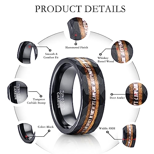 NUNCAD 8mm Tungsten Ring for Men, Black Inlaid Whisky Barrel Wood Antler Hammered Tungsten Wedding Bands Customize Engraved Ring Fit Men Women Size 7-12 - color: A-Black