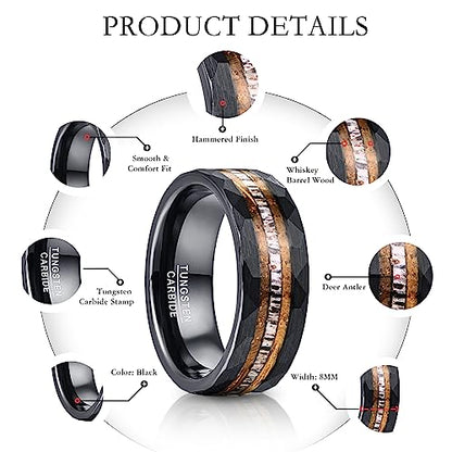 NUNCAD 8mm Tungsten Ring for Men, Black Inlaid Whisky Barrel Wood Antler Hammered Tungsten Wedding Bands Customize Engraved Ring Fit Men Women Size 7-12 - color: A-Black