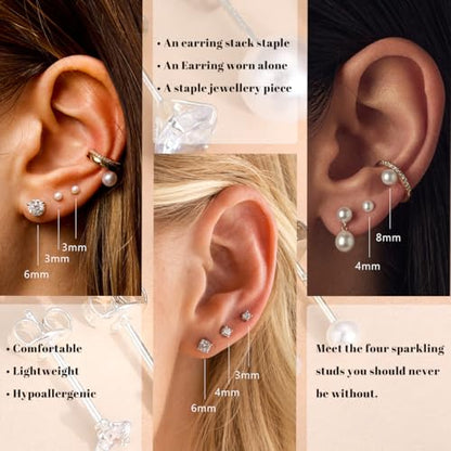 JEMARA Sterling Silver Stud Earrings for Women Pearl Earrings Non Tarnish | Hypoallergenic 925 Sterling Silver Pearl Cubic Zirconia Studs Set Trendy Earrings for Sensitive Ears 6 Pairs - color: 6Pairs Pearl+CZ-Silver