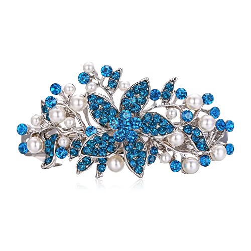 EVER FAITH Austrian Crystal Bridal Hibiscus Flower Leaf Cream Simulated Pearl Hair Clip Barrette Navy Blue Silver-Tone - color: Navy Blue Silver-Tone