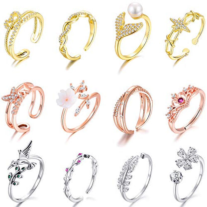 TAMHOO 9/12/15/16 Pcs Open Rings Set for Women with Sparkling Cubic Zirconia- Finger Rings Pack Stackable Rings for Teens,White Gold/Rose Gold/Gold Tone Rings for Girls - style: #1