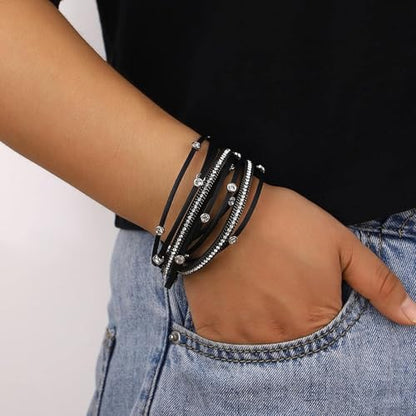 Fesciory Leather Wrap Bracelet for Women, Boho Western Layered Cuff Jewelry | Stackable Bracelets, Easy-On Clasp, Daily Wear, Pairs with Boho Western Outfits, Gift for Women - color: Black10