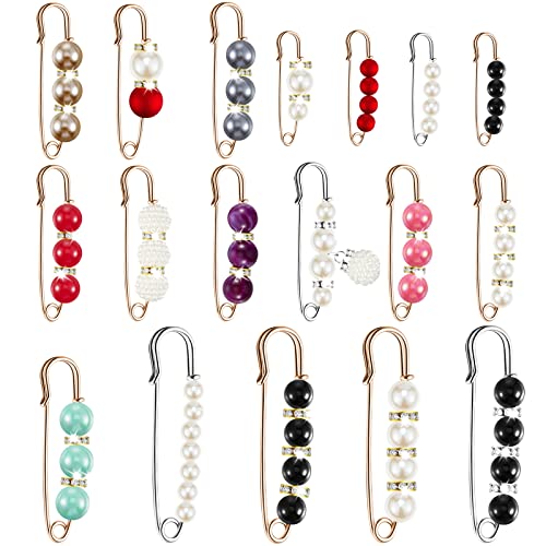 Hicarer 18 Pcs Pearl Safety Pin Brooches for Women Decorative Safety Pins for Clothing Sweater Shawl Clips Pant Waist Tightener Cardigan Collar Clips(Bright Style) - style: Bright Style