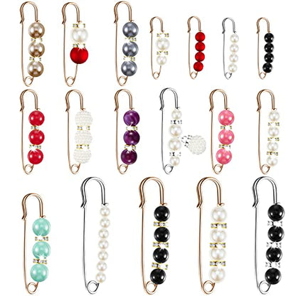 Hicarer 18 Pcs Pearl Safety Pin Brooches for Women Decorative Safety Pins for Clothing Sweater Shawl Clips Pant Waist Tightener Cardigan Collar Clips(Bright Style) - style: Bright Style
