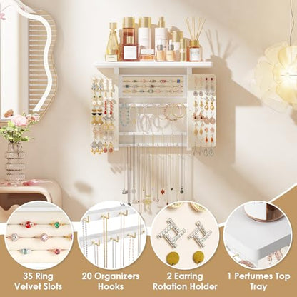 Emfogo Jewelry Organizer Hanging Wall Mounted Jewelry Holder, 5-in-1 Large Capacity Necklace Organizer Wall Hanging Jewelry Display for Ring, Necklaces, Bracelets, Earrings (White) - color: White