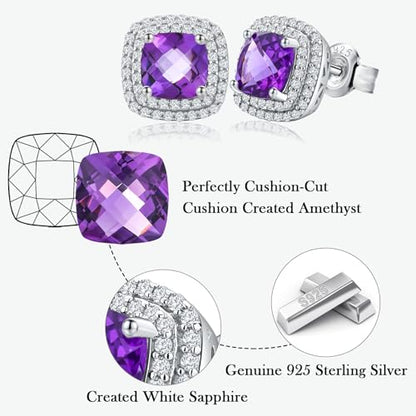Dainty Birthstone Earrings for Women Sterling Silver Small Stud Earrings with Halo Cushion/Round Created Gemstone Earrings Birthstone Jewelry - style: A 02. Feb./created amethyst-cushion cut