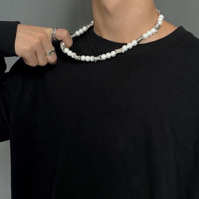 Gold/Silver Pearl Necklace for Men Faux Pearl Choker Necklace Beaded Adjustable Chain Gothic Chunky Beaded Statement Hip Hop Rock Party Festival Collar para Hombre Fashion Jewelry Gift for Men - style: Style-A
