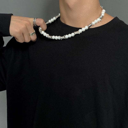 Gold/Silver Pearl Necklace for Men Faux Pearl Choker Necklace Beaded Adjustable Chain Gothic Chunky Beaded Statement Hip Hop Rock Party Festival Collar para Hombre Fashion Jewelry Gift for Men - style: Style-A