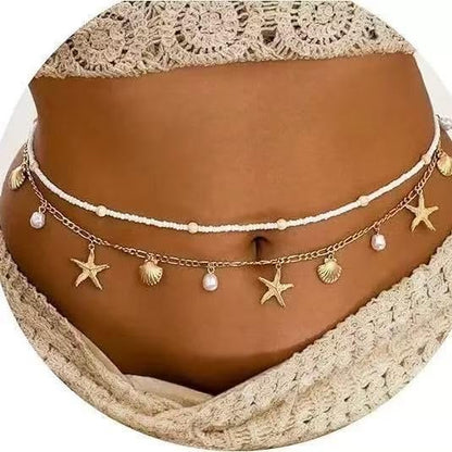 Alloy Waist Chain for Women, Adjustable Body Chain Belt, Layered Bikini Belly Chain, Jewelry for Beach Wear, Summer, Wedding, Festival, Party and Concert - color: Shell Starfish Chain