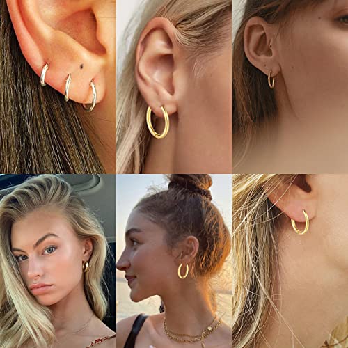 Silver Gold Hoop Earrings for Women Men, 316L Surgical Stainless Steel Huggie Hoop Earrings Set Hypoallergenic Small Cartilage Earrings Lightweight Hoop Earrings Huggie Set - color: gold-14/16/18mm