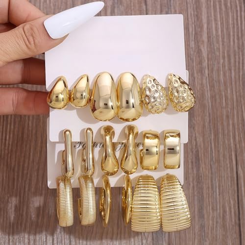 9 Pairs Women's Hypoallergenic Thick Gold Drop Earrings, Fashion Thick Gold-Plated Hoop Earrings Set, Lightweight Jewelry