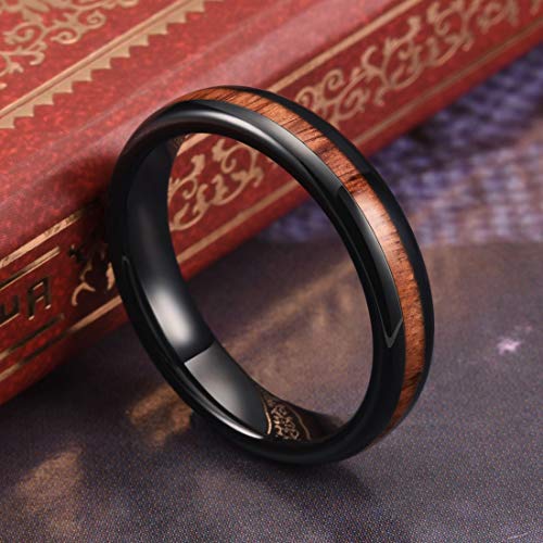 THREE KEYS JEWELRY Tungsten Wedding Band Koa wood Inlay Black Domed | 4mm, 6mm, 8mm, Everyday Wear, Black, Domed, Koa wood inlay - color: Black 4mm