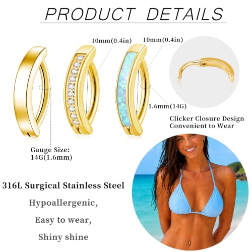 Clicker Belly Button Ring Hoop Belly Button Ring 14G Navel Ring | Surgical stainless steel hinged belly button ring for belly button piercing, navel body jewelry for women and men - color: 3 Gold