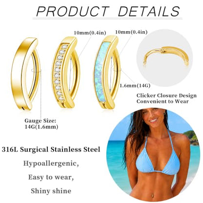 Clicker Belly Button Ring Hoop Belly Button Ring 14G Navel Ring | Surgical stainless steel hinged belly button ring for belly button piercing, navel body jewelry for women and men - color: 3 Gold