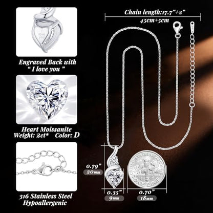 ANDSO Heart Moissanite Necklaces Birthday Jewelry Gifts for Women | S925 Silver /Gold Plating Birthstone Necklace, Ideal Anniversary Christmas Valentine Present for Mom Wife Her Girlfriend - style: White Gold Plated Stainless Steel-2 Carat