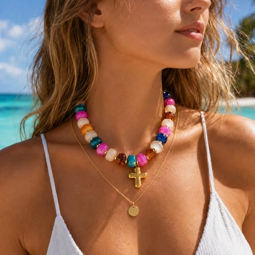 Colorful Resin Chunky Beaded Necklace for Women Modern Statement Choker Necklace with Gold Tone Cross Pendant Boho Summer Jewelry Gift - color: Multicolor-1