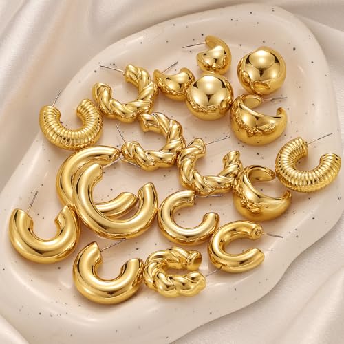 IFKM 24 Pairs Gold Hoop Earrings Set for Women Hypoallergenic Chunky Chain Twisted Open Hoops Dangle Earring Packs for Birthday Party Christmas Fashion Jewelry Gift - color: 9 Pairs Gold