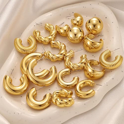 IFKM 24 Pairs Gold Hoop Earrings Set for Women Hypoallergenic Chunky Chain Twisted Open Hoops Dangle Earring Packs for Birthday Party Christmas Fashion Jewelry Gift - color: 9 Pairs Gold