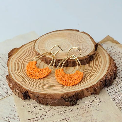 Raffia Hoop Earrings for Women Fun Boho Summer Beach Earrings Lightweight Handmade Straw Wicker Rattan Dangle Earrings Statement Geometric Round Drop Earrings - color: Orange - Teardrop