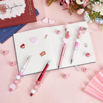 SUNNYCLUE DIY 9 Sets Beadable Pens with Beads 145Pcs Beadable Pens Kit Black Ink Ballpoint Pen Pink Wood Beads Pen Making Kits Valentine's Day Heart Love Hanging Charms Beaded Pens for Women School - color: 9 Sets, Pink