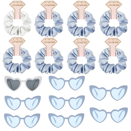 Satin Bridesmaid Scrunchies Bachelorette Hair Ties Set of 6 sunglasses Bridal Shower No Damage Hairties ideas Gift for Wedding Party Favors Bridesmaid Proposal Gifts (8sets White & Dusty Blue) - color: 8sets White&Dusty Blue