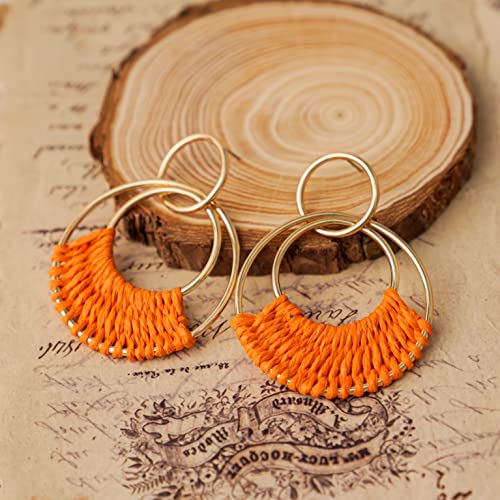 Raffia Hoop Earrings for Women Fun Boho Summer Beach Earrings Lightweight Handmade Straw Wicker Rattan Dangle Earrings Statement Geometric Round Drop Earrings - color: Orange - Round
