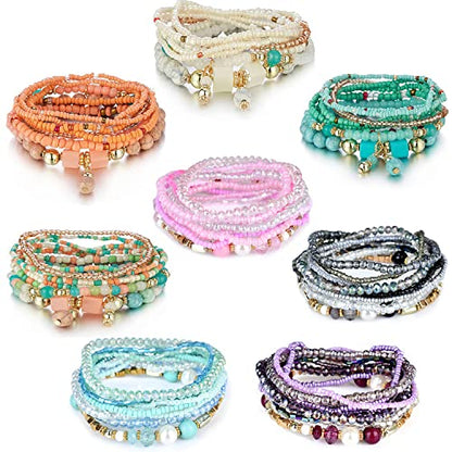 8 Sets Bohemian Stackable Bead Bracelets for Women Bohemian Bracelets Stretch Multi Layered beads Bracelet Set Boho Multicolor Jewelry