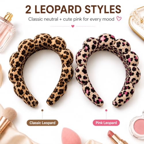 Leopard Spa Headbands for Women Teen Girls, Head Band for Washing your Face, Makeup Hair Band for Washing Face，Puffy Makeup Washing, Mask, Thick Padded Terry Cloth Hair Accessories (Classic & Pink)