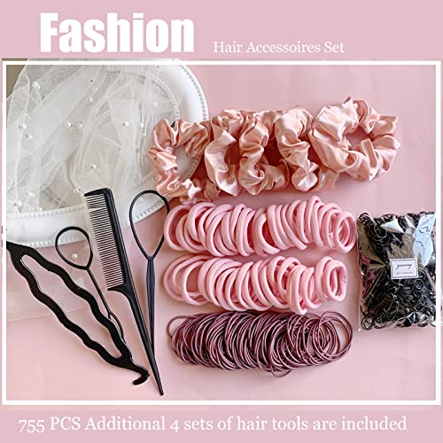 YANRONG 755PCS Hair Accessories for Woman Set Seamless Ponytail Holders Variety Hair Scrunchies Hair Bands Scrunchy Hair Ties For Thick and Curly (Pink) - color: 755PCS（Pink）