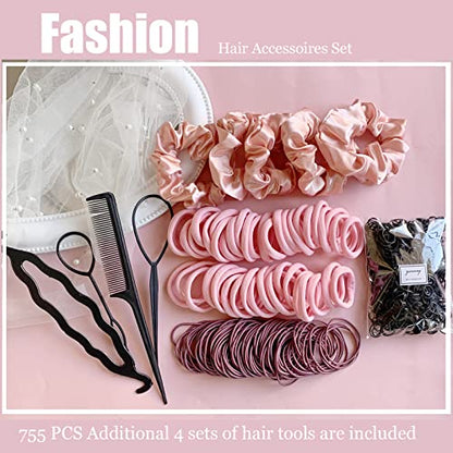 YANRONG 755PCS Hair Accessories for Woman Set Seamless Ponytail Holders Variety Hair Scrunchies Hair Bands Scrunchy Hair Ties For Thick and Curly (Pink) - color: 755PCS（Pink）