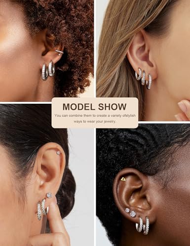 5 Pairs Huggie Hoop Earrings, Cubic Zirconia 14K Gold-Plated 316L Surgical Steel, Hypoallergenic Lightweight Design for Women & Men Cartilage & Multi-Piercing Stacking(13-21mm) - color: N+silvery