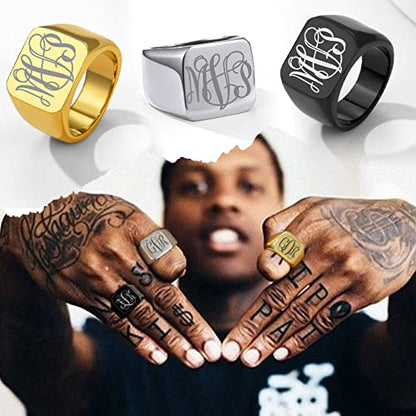 GoldChic Jewelry Personalized Signet Rings Men Women, Stainless Steel Custom Photo Bold Square/Oval Monogram/Old English Initial Pinky Stacking Statement Ring in Black/Silver/Gold (Size 7-14) - color: Gold-Monogram -Square