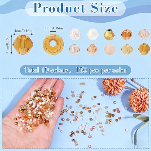 1200Pcs 4mm 10 Colors Faceted Crystal Glass Bicone Beads Loose Bead for DIY Bracelet Necklace Earring Keychain Jewelry Making,Brown - color: Brown