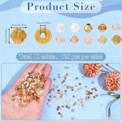 1200Pcs 4mm 10 Colors Faceted Crystal Glass Bicone Beads Loose Bead for DIY Bracelet Necklace Earring Keychain Jewelry Making,Brown - color: Brown