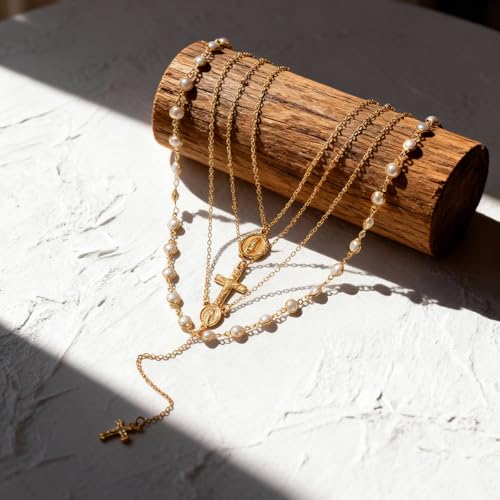 Layered Necklace for Women, Cross Pendant Y Necklace Set, 18K Gold Plated Dainty Stackable Jewelry Gift for Everyday Wear - style: 4PCS - J