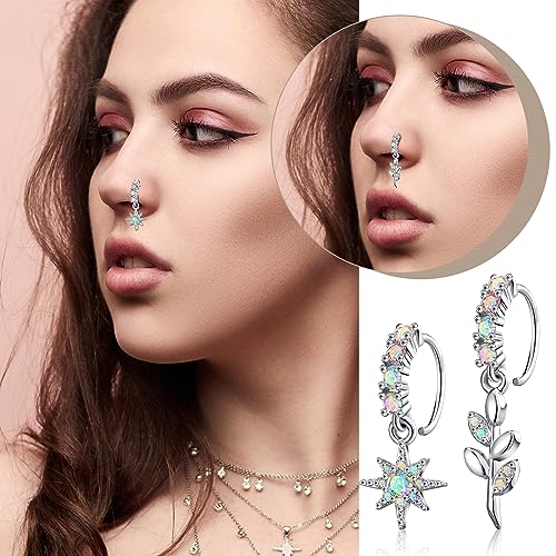 18 Pcs Dangle Nose Ring L Shaped Dangling Nose Stud Nose Ring Hoop Indian Nose Piercing Jewelry with Charm - color: AB