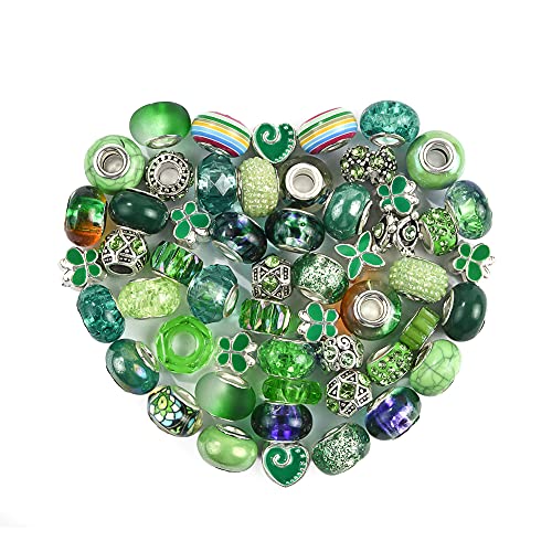 Aipridy European Large Hole Beads, Colorful Glass Charm Beads Set, Assorted Patterns and Designs Rhinestone Craft Beads for DIY Bracelet Jewelry Making (60, Emerald Resin+Alloy) - color: Emerald Resin+Alloy