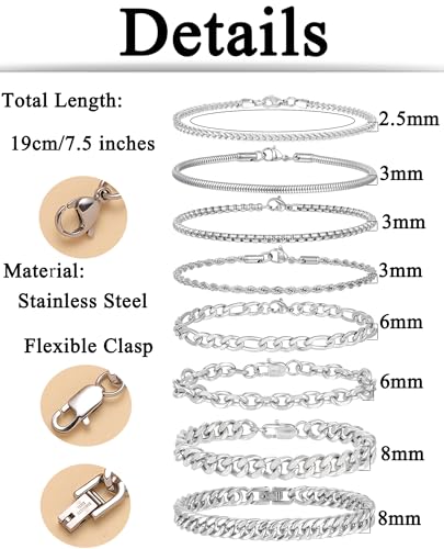 8Pcs Chain Bracelet Stainless Steel Curb Width Rope Figaro Cuban Link Paperclip Twist Chain Bracelets Set for Men Women 7.5/8.3/9.0 Inches