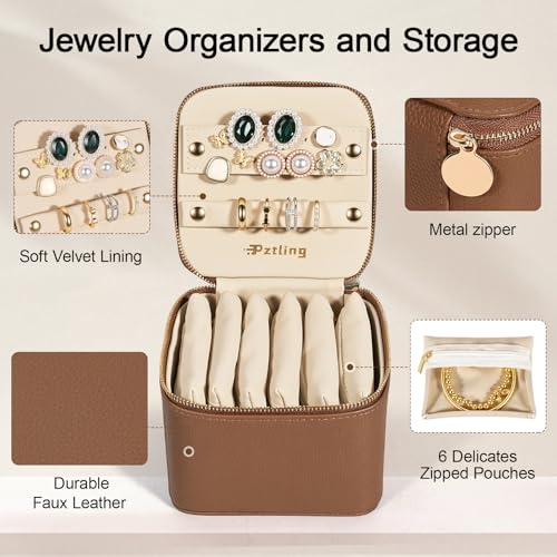 Travel Jewelry Case Organizer - Compact PU Leather Jewelry Box with 6 Small Portable Velvet Jewelry Pouches&2 Inner Lid Slots for Rings Earrings Necklaces Bracelets,Ideal Gift for Women Girls (Brown)