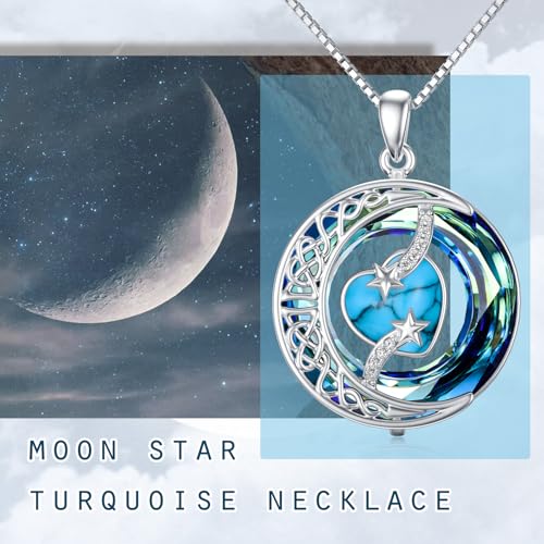 TOUPOP Birthstone Necklace Women Sterling Silver Moon Star Birthday Jewelry | Celtic Moon Pendant with Blue Crystal Anniversary Christmas Jewelry Gifts for Wife Mom Her - color: A-13-Turquoise
